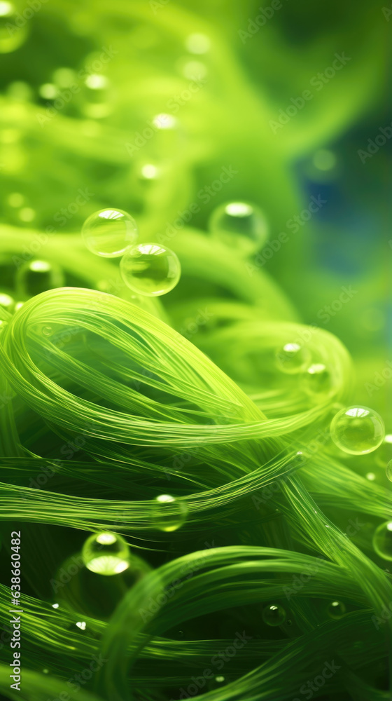 Poster an upclose macro photo of algae reveals a variety of shapes and textures. bright green strands swirl