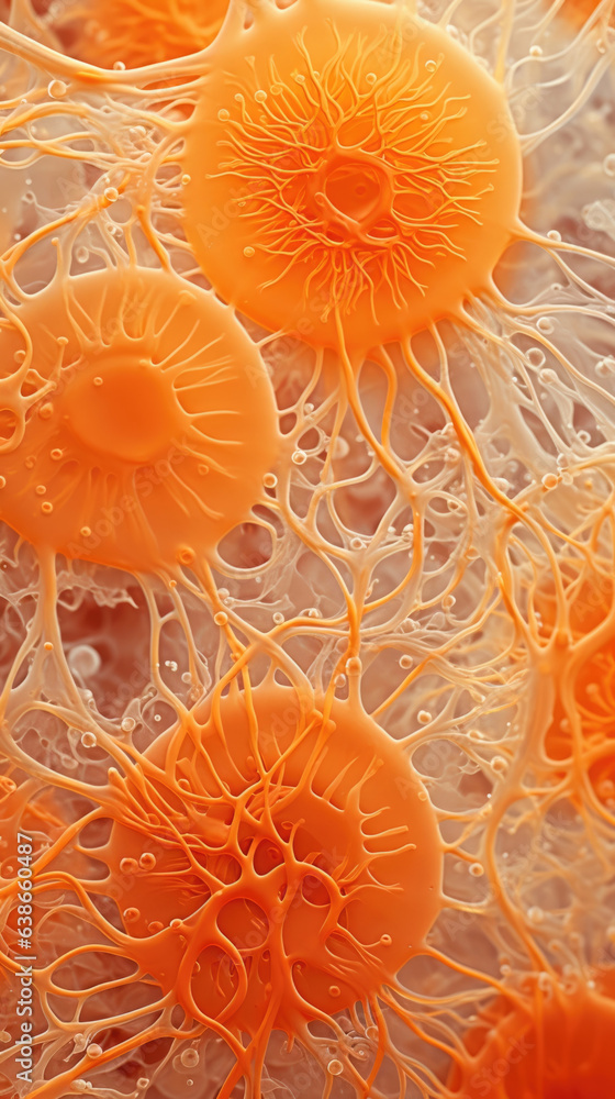 Poster a closeup of a bright orange archaea organism seen in a of other archaea cells. the cell walls have 