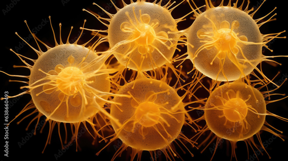 Poster this macro image shows spherical microscopic spores ranging from 1520 micrometers in diameter. the s