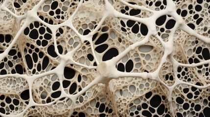 This image of microscopic bone cells reveals intricate asymmetrical shapes with intricate nooks and farreaching projections. Intricate patterns of lightness and