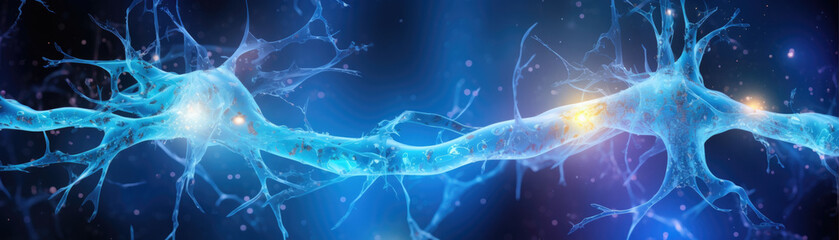 A Macro Image depicting Synaptic Transmission In the image a neurons axon is seen making contact with a neighboring neurons dendrite. The two neurons are separated