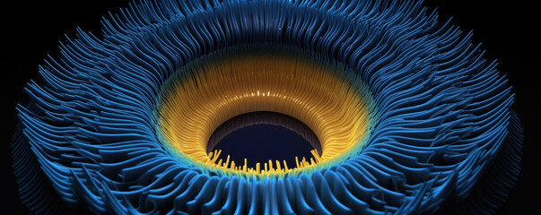 This macro image is of a microscopic object in a domelike shape. It has a dark blue that gradually fades to a light yellow color. Its surface has tiny evenly spaced