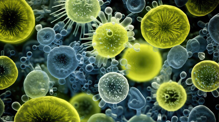 This macro image shows a population of microscopic algae that is composed of a variety of species. A few of the algae cells in this image can easily be distinguished