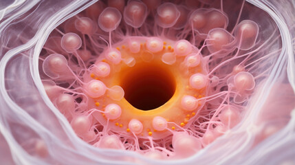 macro image shows the intricate beauty of a microscopic ovule at the center of the image. The ovule which is eggshaped and shades of pink and white is crowned by - obrazy, fototapety, plakaty