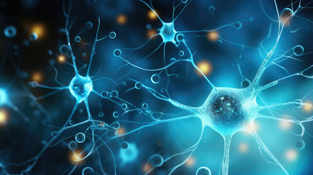 A macro image of a synapse between a presynaptic neuron and a postsynaptic neuron showing the various neurotransmitter molecules passing through a gap. The molecules