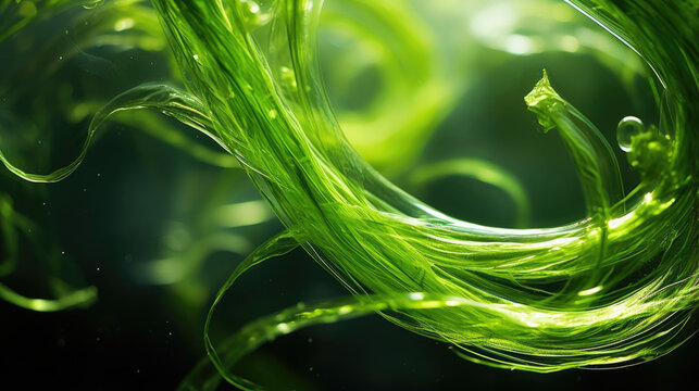 A macro photo of algae reveals s of bright green filaments which appear to be starting to decompose. Some of the fronds appear to be curved or bent while some have