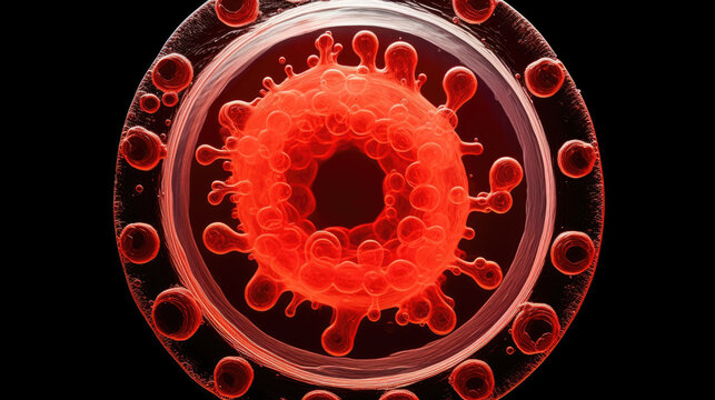 A macro image of a single Archaea cell with a bright red hue. Its unique shape is composed of semiconcentric rings that flare out from its center. Its nucleus is