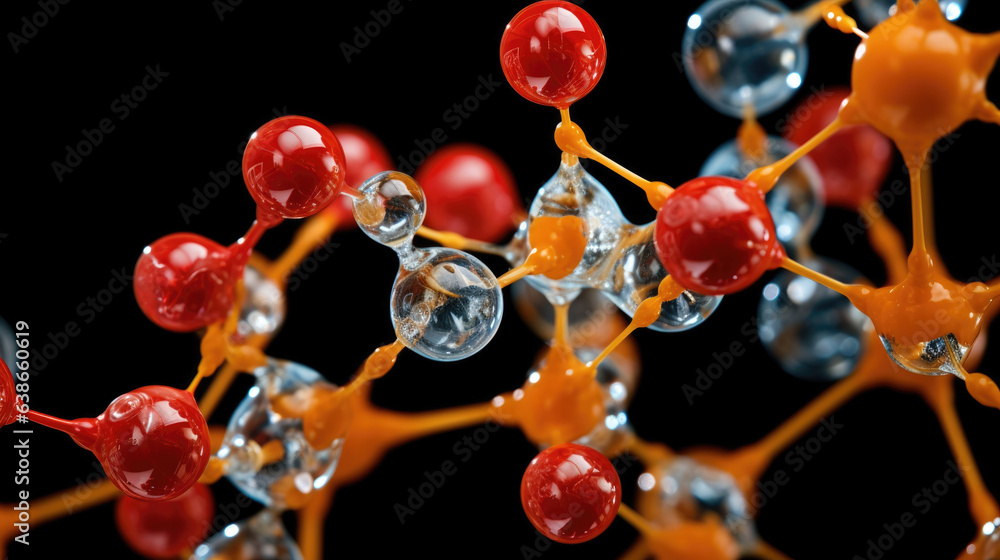 Poster this is a macro photo of a complex enzyme molecule. it shows the various atoms that make up the enzy