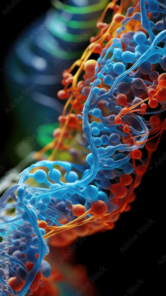 Poster a photograph depicting a closeup view of a section of chromatin containing a strand of rna polymeras