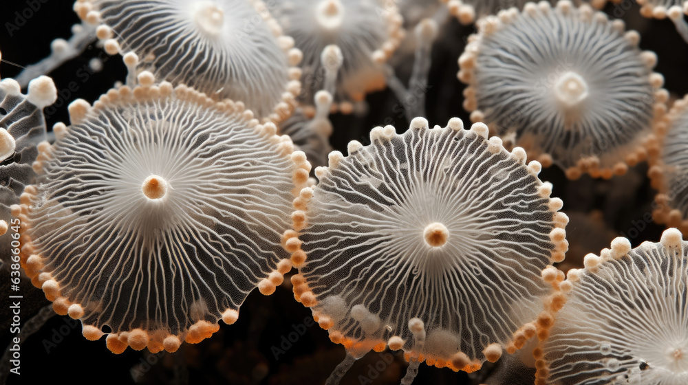 Poster aspergillus in a macro image reveals a stunning display of upsidedown cupshaped structures known as 