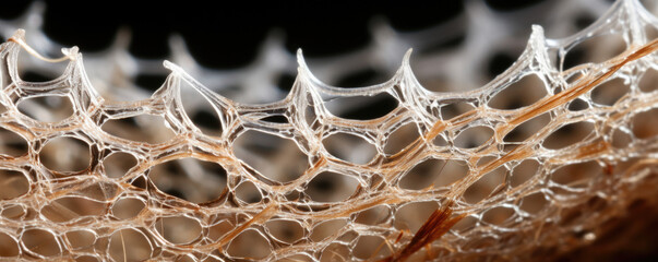 This detailed macro image shows the delicate and intricate structure of a tiny insect nest. The nest consists of multiple thin layers of webbing delicately fastened