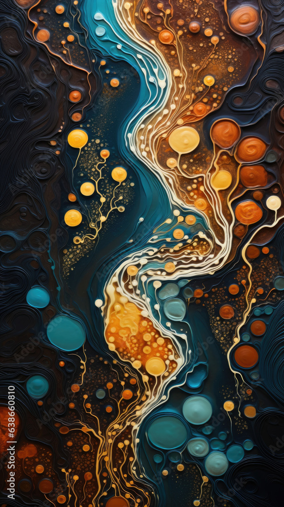 Poster microscopic river is revealed to be an intricate pattern of swirling shapes and colors. tiny frothy 