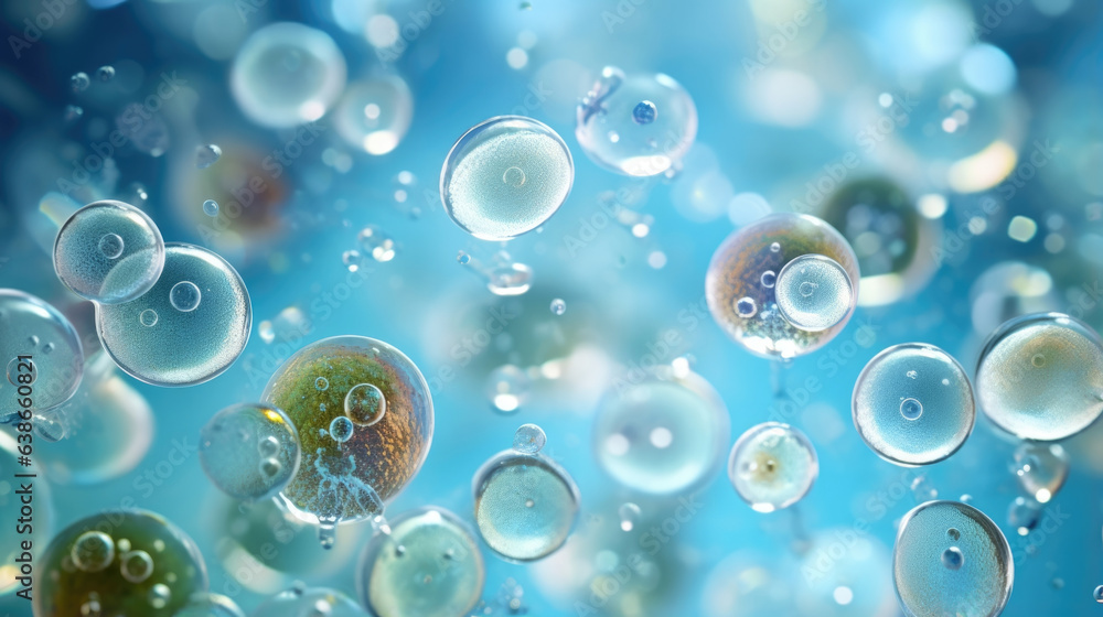 Poster this macro image captures a variety of microscopic protist cells on a light blue background. they ar