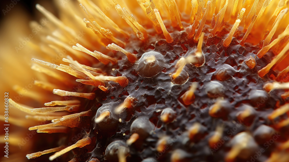 Poster a macro shot of a microscopic pollen grain reveals a complex structure composed of tiny spiked protr
