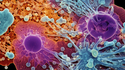 Zooming in further the microscopic image of skin cells showcases a dynamic and highly organized structure. A single cell is visible with complex organelles able