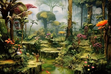 Fototapeta na wymiar Tropical garden with pond, plants and flowers. Digital painting.