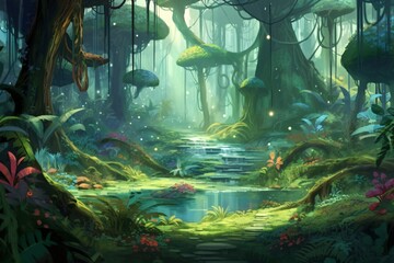 Fantasy landscape with a fantasy forest and a pond. Digital painting.