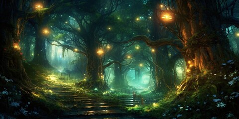 Fantasy forest with glowing trees and lanterns. 3D rendering