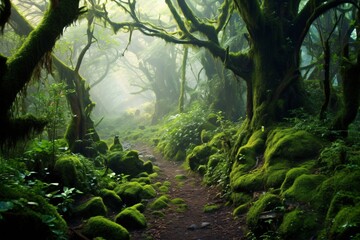 Hiking trail in the misty rainforest