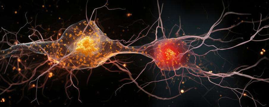 A vivid neuronal synapse captured against a black background. Two neurons press against one another ending in a curled junction that features a smattering of proteinfilled