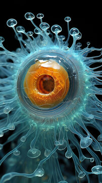 This macro image of a microscopic amoeboid cell reveals an organism that is so small it is almost invisible to the d eye. The cells nucleus is outlined by a soft