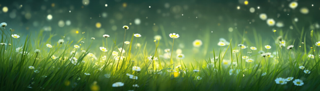 This macro image shows a microscopic meadow with the tiny blades of grass in the sunlight looking like a soft bright blanket of green. Tiny daisies clover and wildflowers