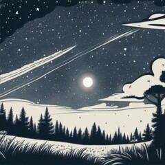 cartoon night sky, black and white illustration