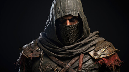 a warrior of class and potential. His face is hidden under a tattered hood of sooty grey his shoulder breadth strong and his chin held high. His piercing eyes show a wisdom