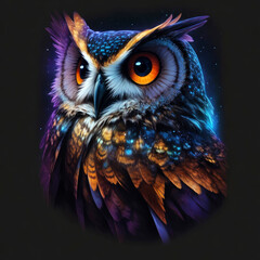Cosmic owl illustration tshirt design and black background. Generative AI