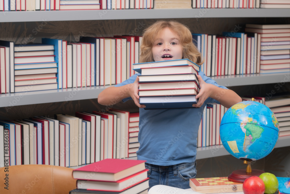Aufkleber school boy with stack of books in library. back to school. funny little child from elementary school