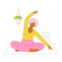 Elderly woman character sitting on the floor in yoga pose. Flat outlined colorful vector illustration.