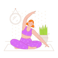Young female character sitting on the floor in yoga pose. Flat outlined colorful vector illustration.
