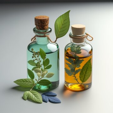 two small glass bottles with green leaves inside, 3d rendered stock photo, in the style of high quality photo, oil painter