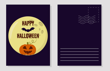A postcard template for the Halloween holiday. An ominous pumpkin, and a bat on the background of the moon. Design concept. Vector flat illustration.