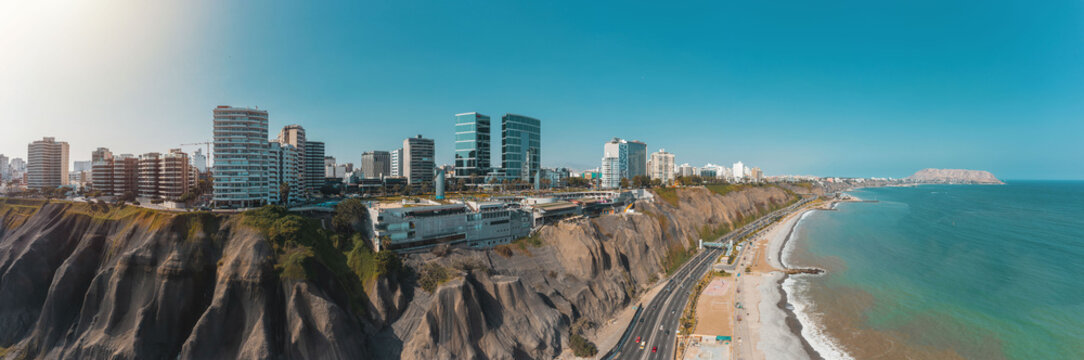 Aerial view of Miraflores district and Larcomar, Panoramic aerial view of Lima city, in Peru.