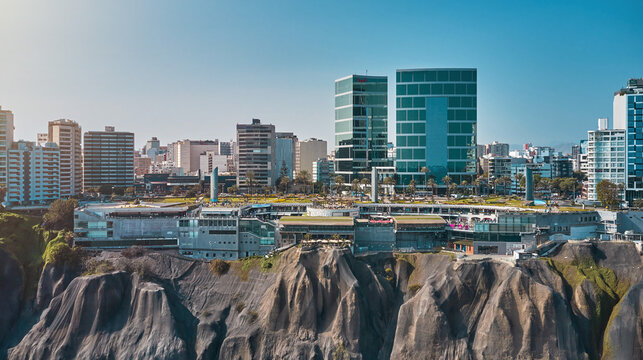 Aerial view of Miraflores district and Larcomar, Panoramic aerial view of Lima city, in Peru.