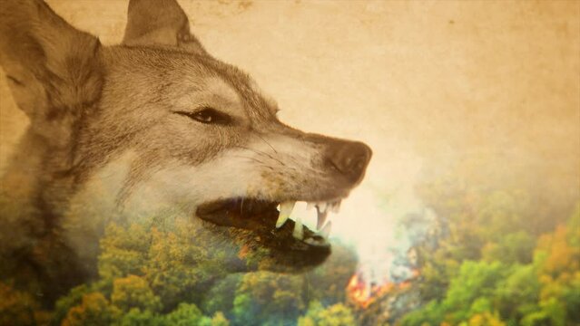 Extreme Heat and Forest Fires. Vanishing Animal Species, Wolf. Alpha Channel. Drag and Drop. 