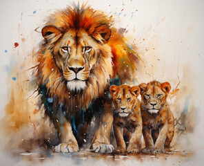 beautiful painting of lions, with watercolor splashes, in the style of nabis