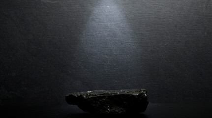 podium stones.black stones on dark gray background for podium product presentation - obrazy, fototapety, plakaty