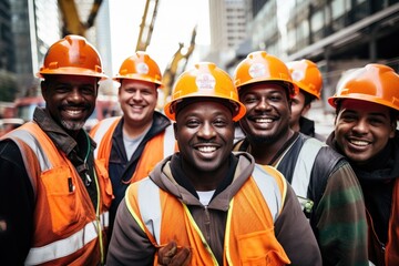 Diverse and mixed group of male constructions workers working on a construction site