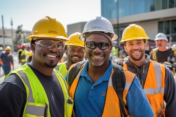 Diverse and mixed group of male constructions workers working on a construction site