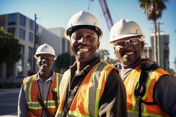 Smiling group of african american construction workers on a construction site