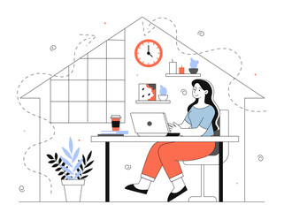 Woman work from home vector line