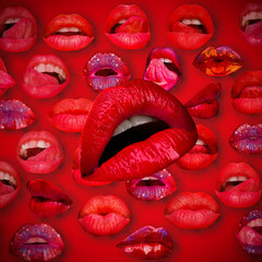 Lips and mouth. Female lip in red background. Woman lips. Design artwork with sensual lips. Abstract sexy lip on red background.