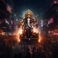  Hindu God Ganpati procession in city night scene