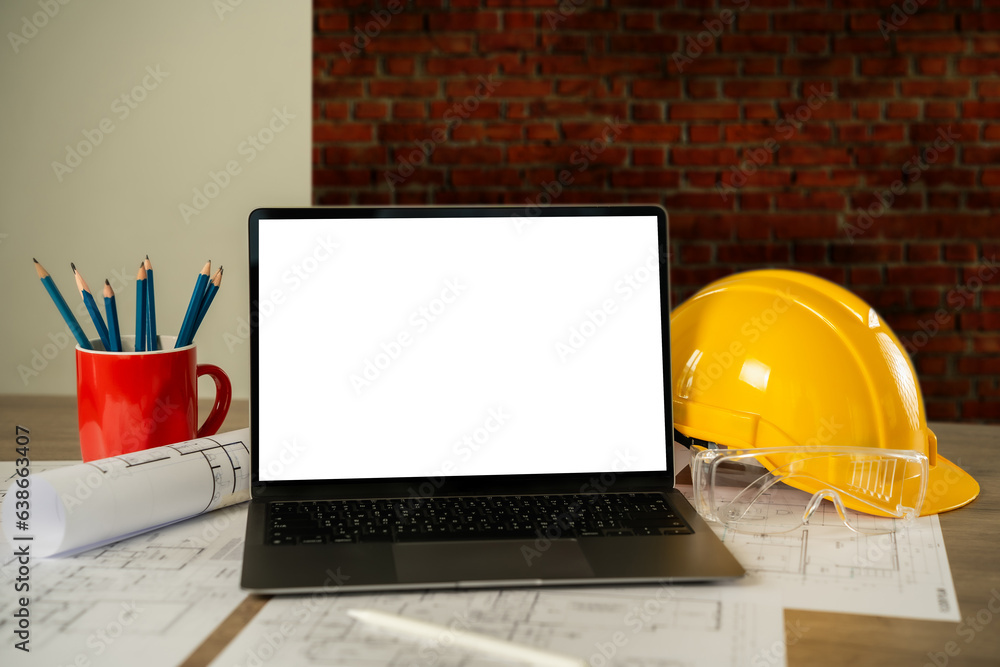 Poster architect engineers working on a desktop computer on a laptop mockup screen with an architectural pr