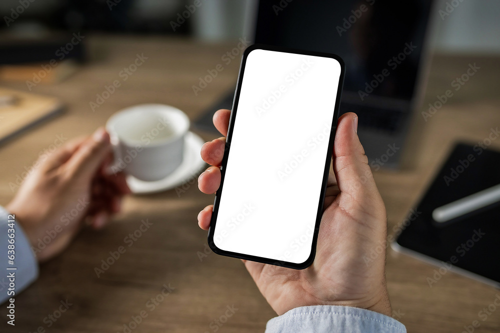 Poster man hand using phone with blank screen and modern frameless design and typing text message on smartp