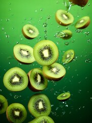 Slices of Kiwi Falling on a Light Green Table