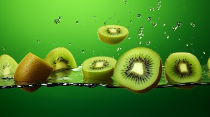 Slices of Kiwi Falling on a Light Green Table