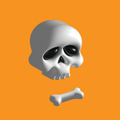 3d skull with black eyes and nose and small bone isolated on orange background. vector illustration	